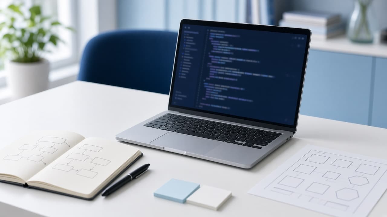 Bureau de travail : ordinateur, programmation et planification.